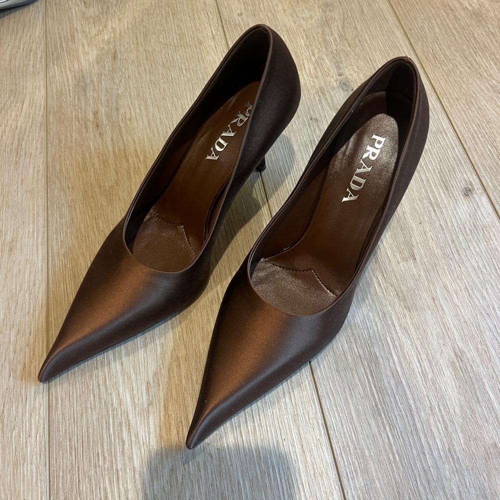 Prada 85mm Brown Satin Pumps